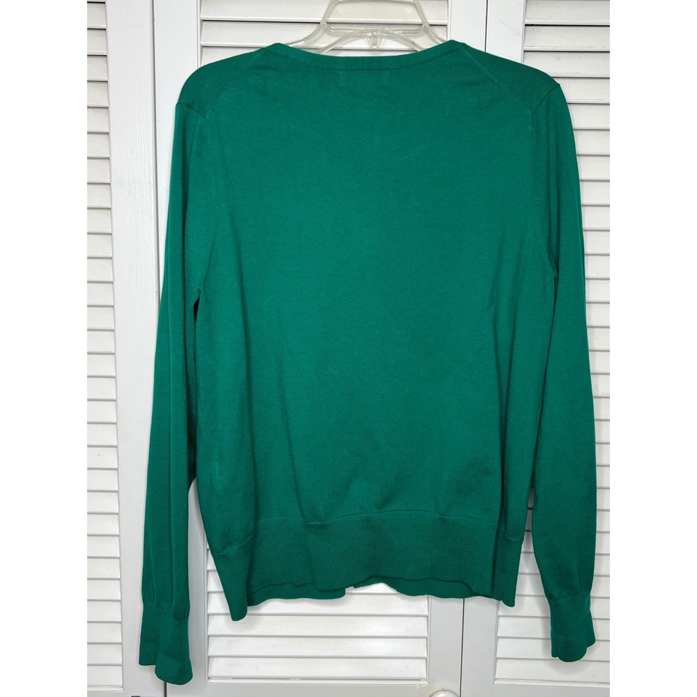Lands' End Kelly Green Cardigan L Old Money Preppy Dark Academia Fine Knit Crew - Picture 2 of 7